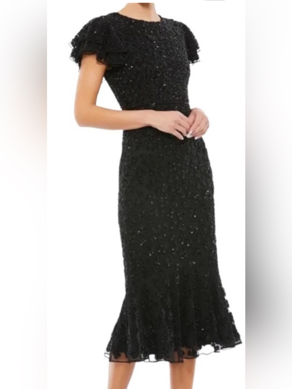 Mac Duggal Black Beaded Flutter-Sleeve Midi Dress